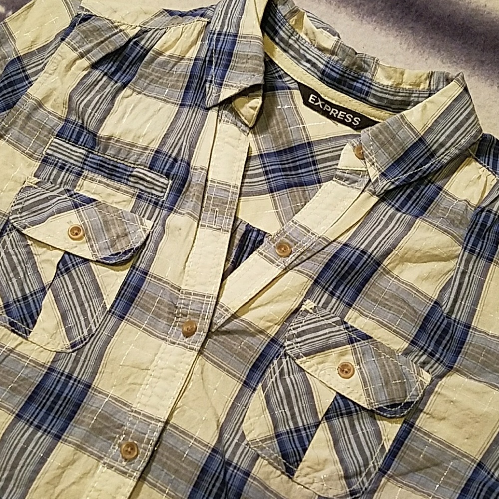 Express Metallic Plaid Button Up